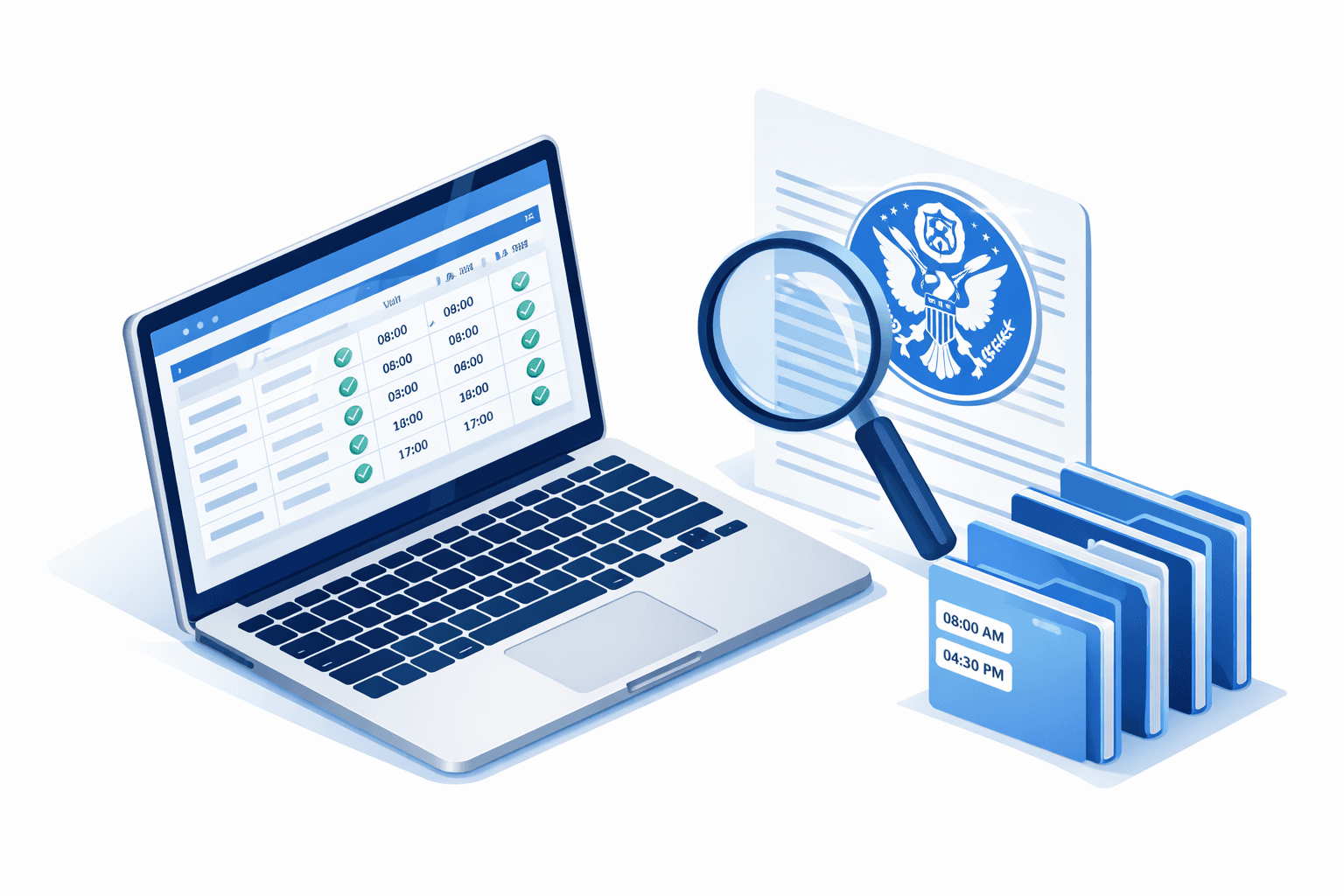Illustration of organized digital time records on a laptop with a magnifying glass and compliance documents