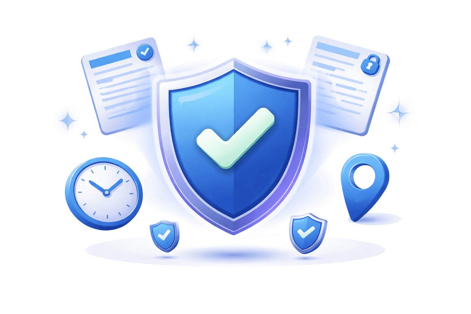 Illustration of a compliance shield surrounded by document icons, a clock, and a location pin representing audit readiness