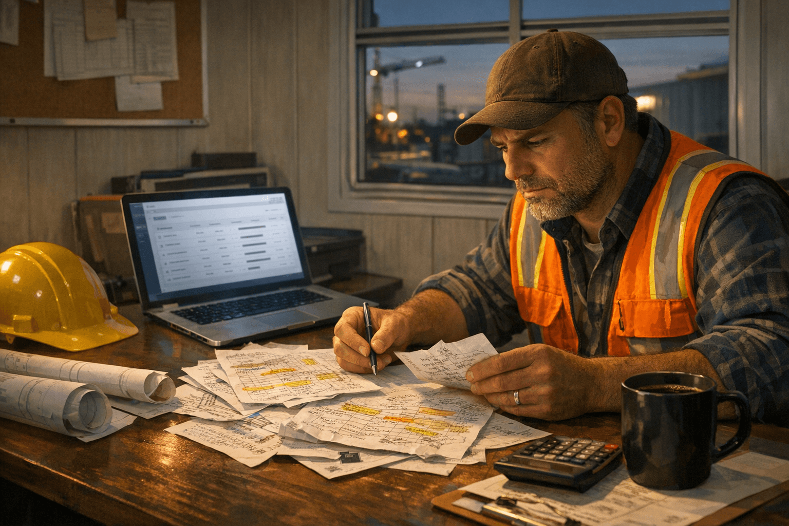 Editorial illustration showing messy paper time records flowing into a clean construction payroll dashboard