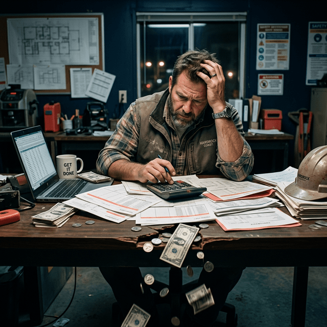 Construction contractor at desk with paper timesheets and calculator, representing payroll loss