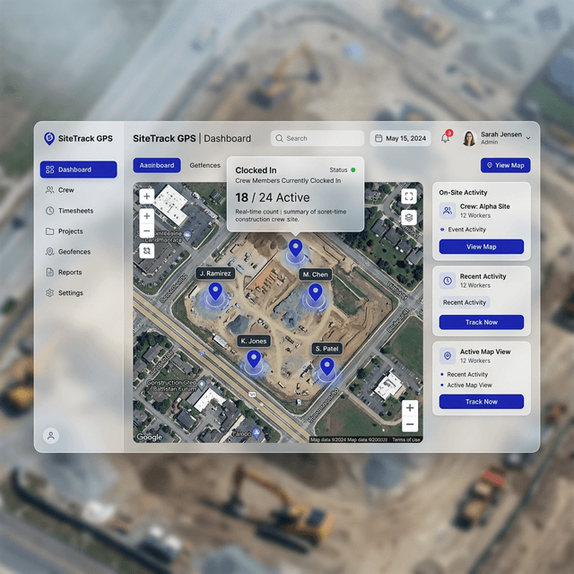 Crewtrace feature dashboard showing GPS time tracking and payroll controls
