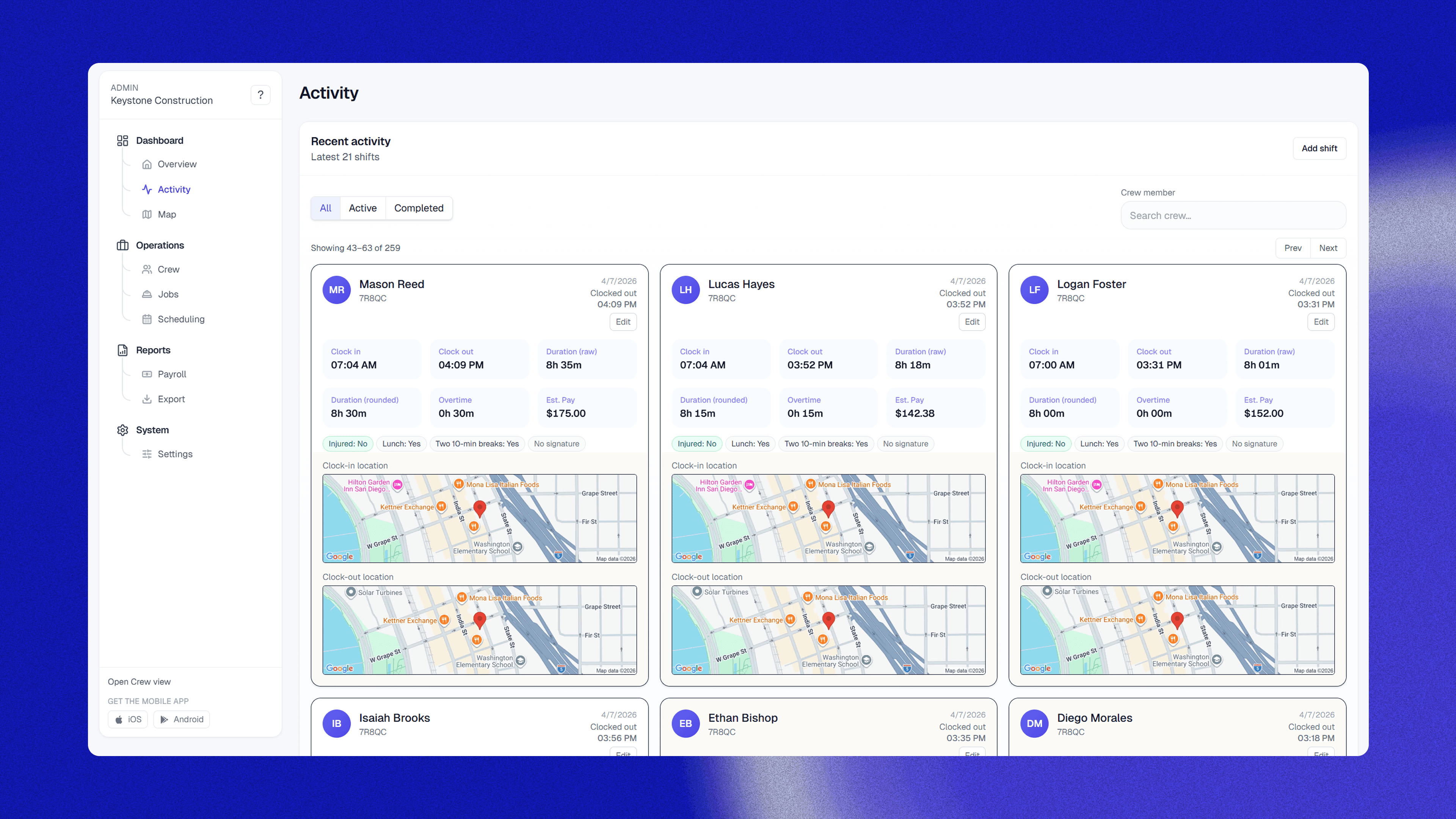 Crewtrace GPS time tracking dashboard on desktop and mobile