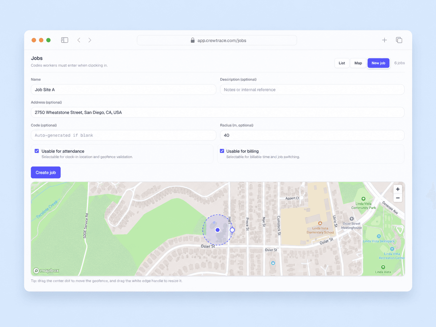 Crewtrace admin setting up a geofence boundary on a satellite map of a job site