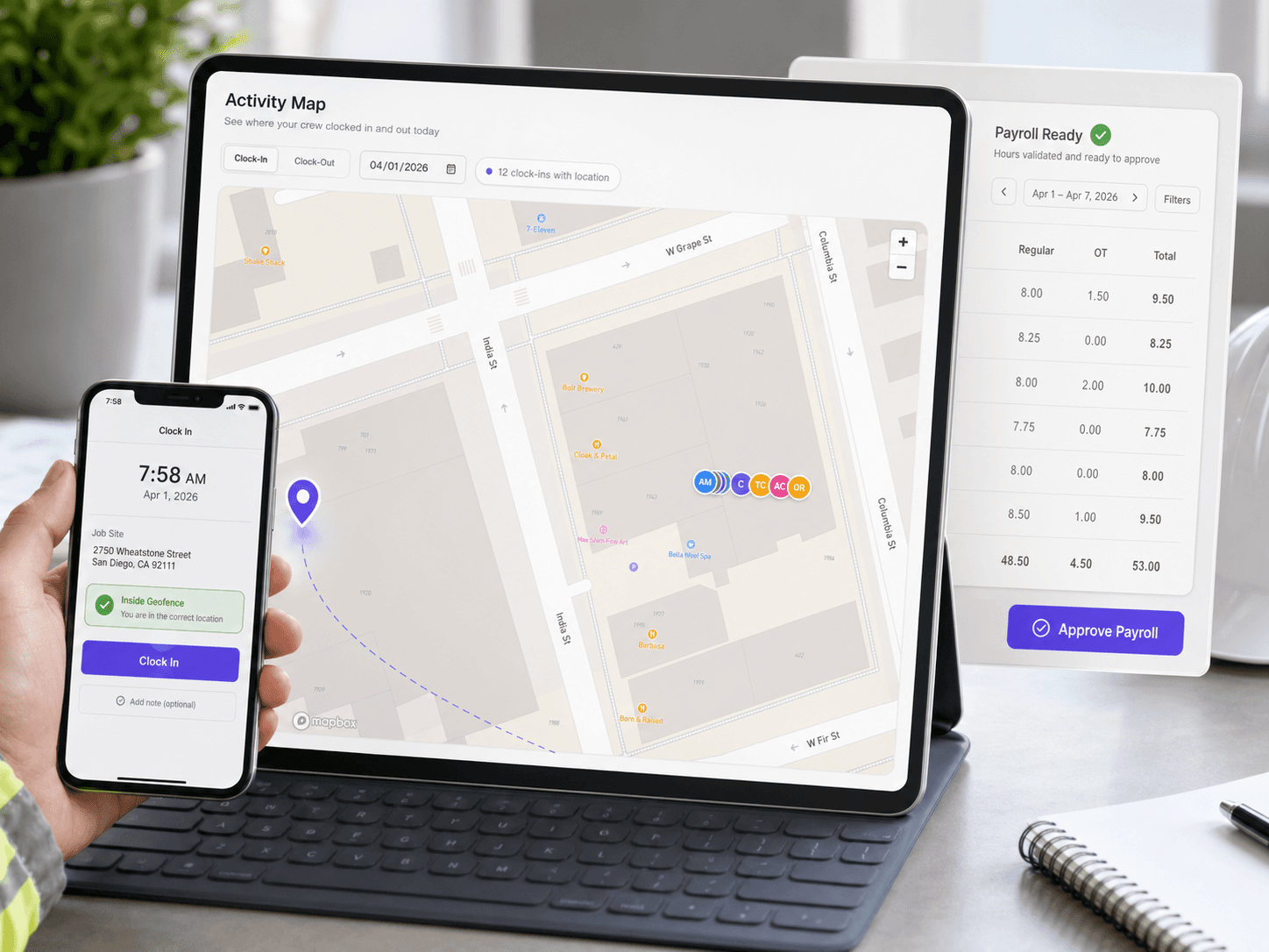 Anatomy of a Crewtrace geofence: boundary, site assignment, and clock-in pin annotated on a satellite view