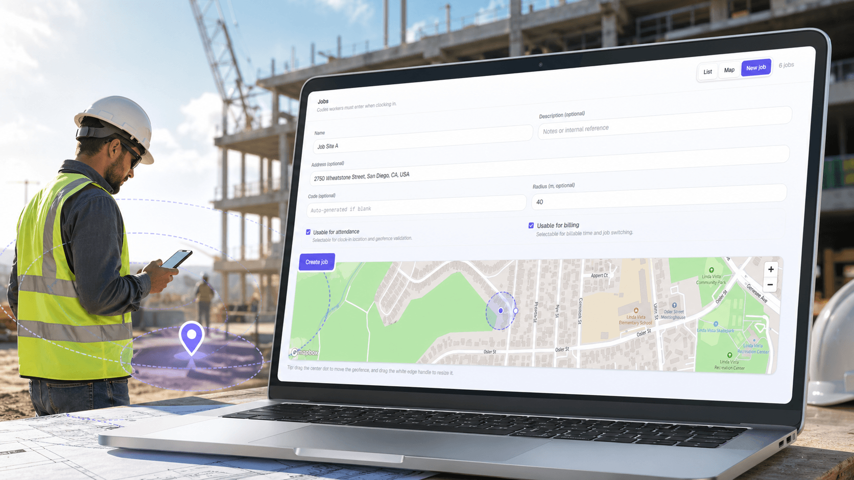 Crewtrace geofencing dashboard showing multiple job sites with active boundaries and live clock-in pins