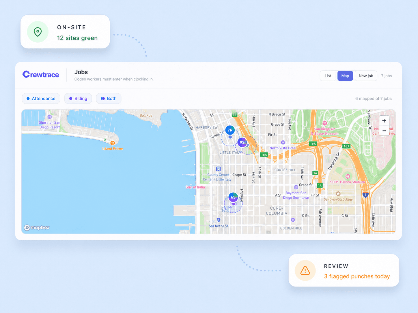 Multi-site geofencing dashboard with live status badges across 12 active job sites
