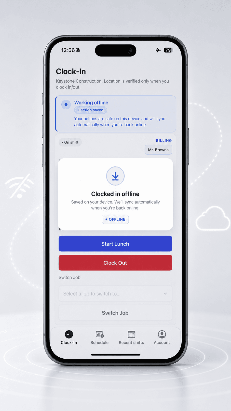 Mobile clock-in saved on device while offline, queued to sync when service returns