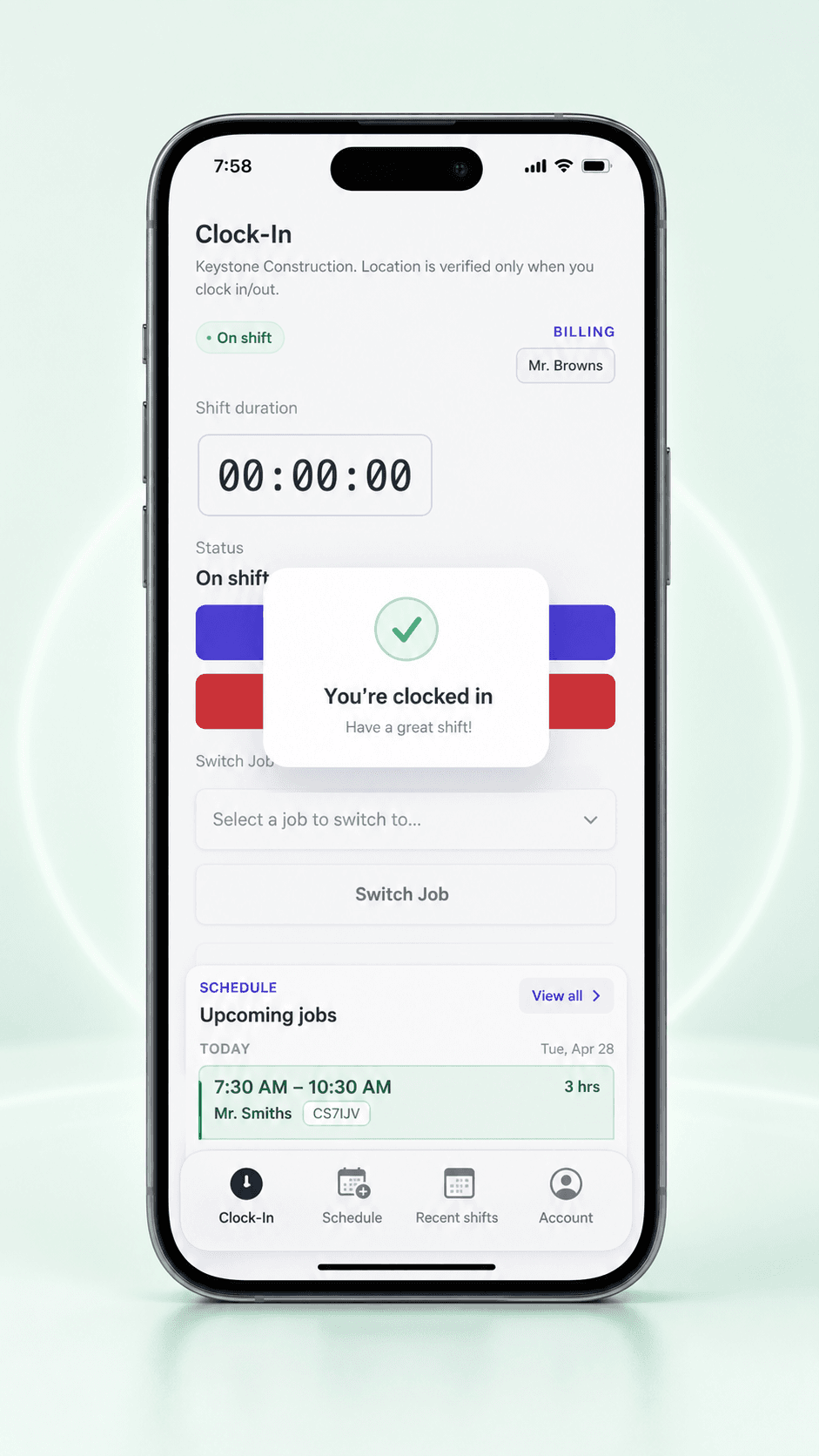 Mobile clock-in accepted with a green verified status inside the geofence boundary
