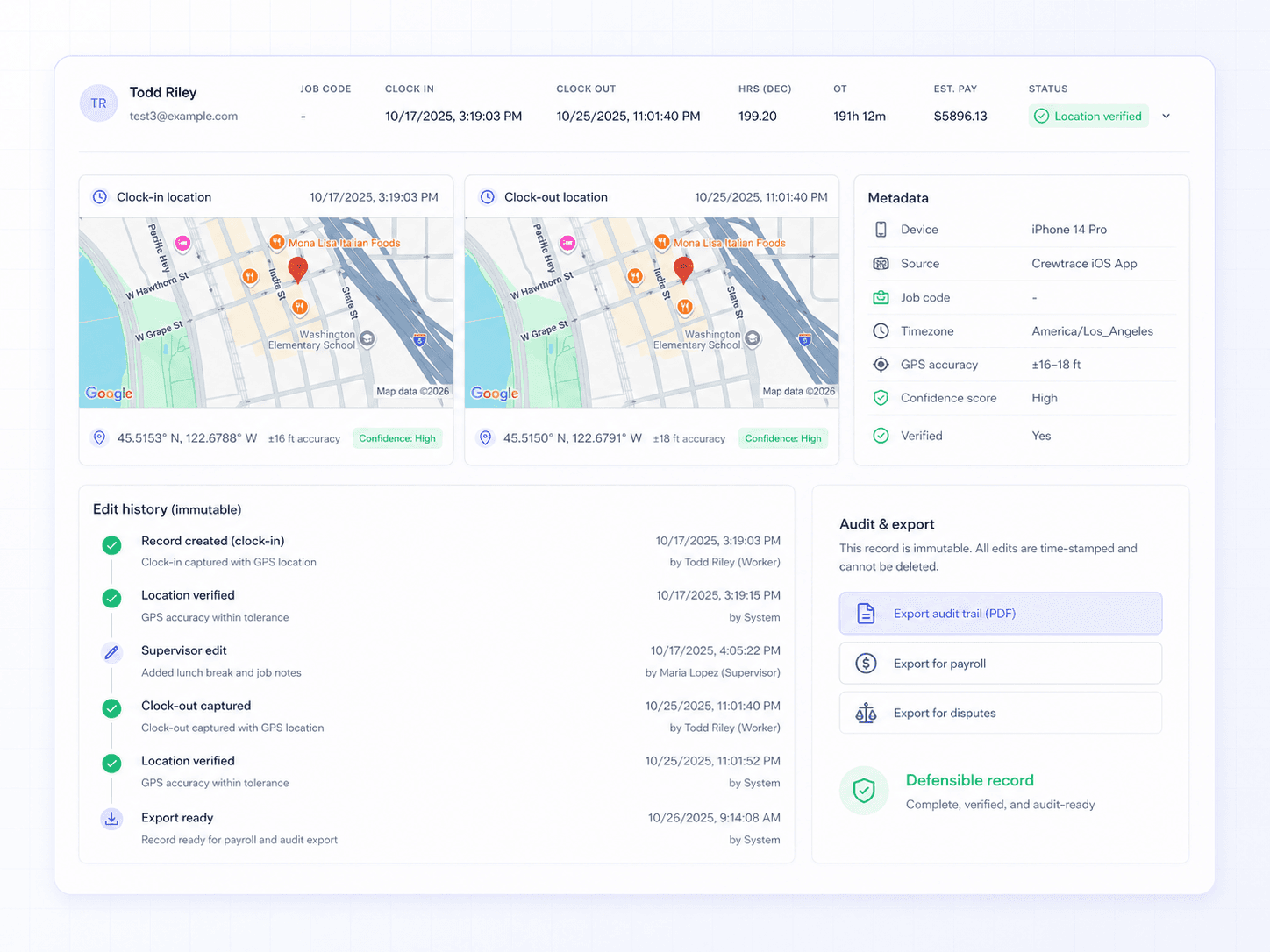 Crewtrace audit-ready time record with GPS metadata and edit history