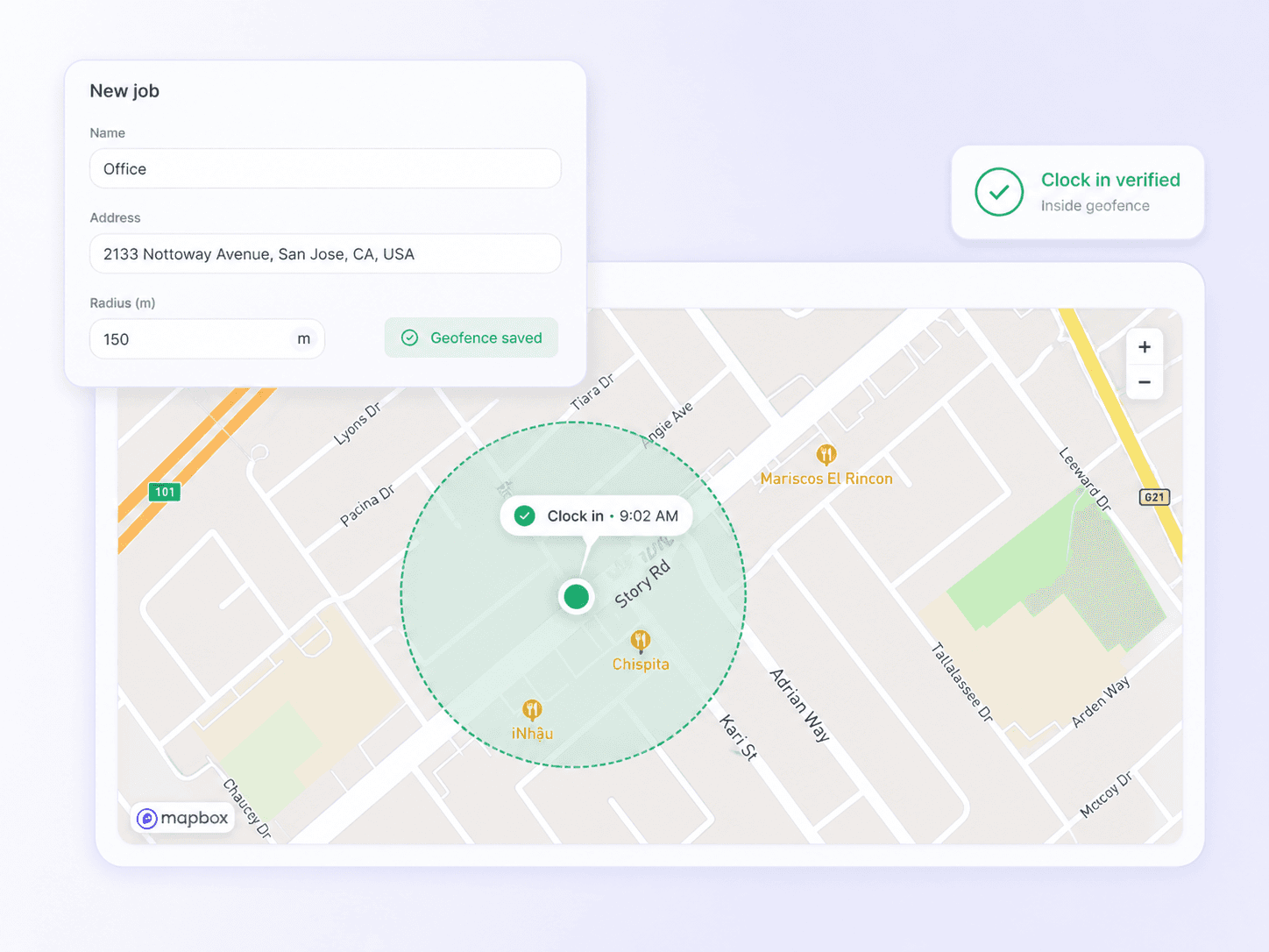 Crewtrace geofence overlay on a job-site map with a verified GPS clock-in pin