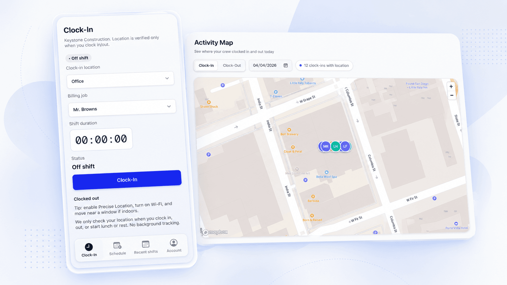 Crewtrace GPS time tracking hero showing job-site map with active geofences, live crew pins, and a clock-in event highlighted