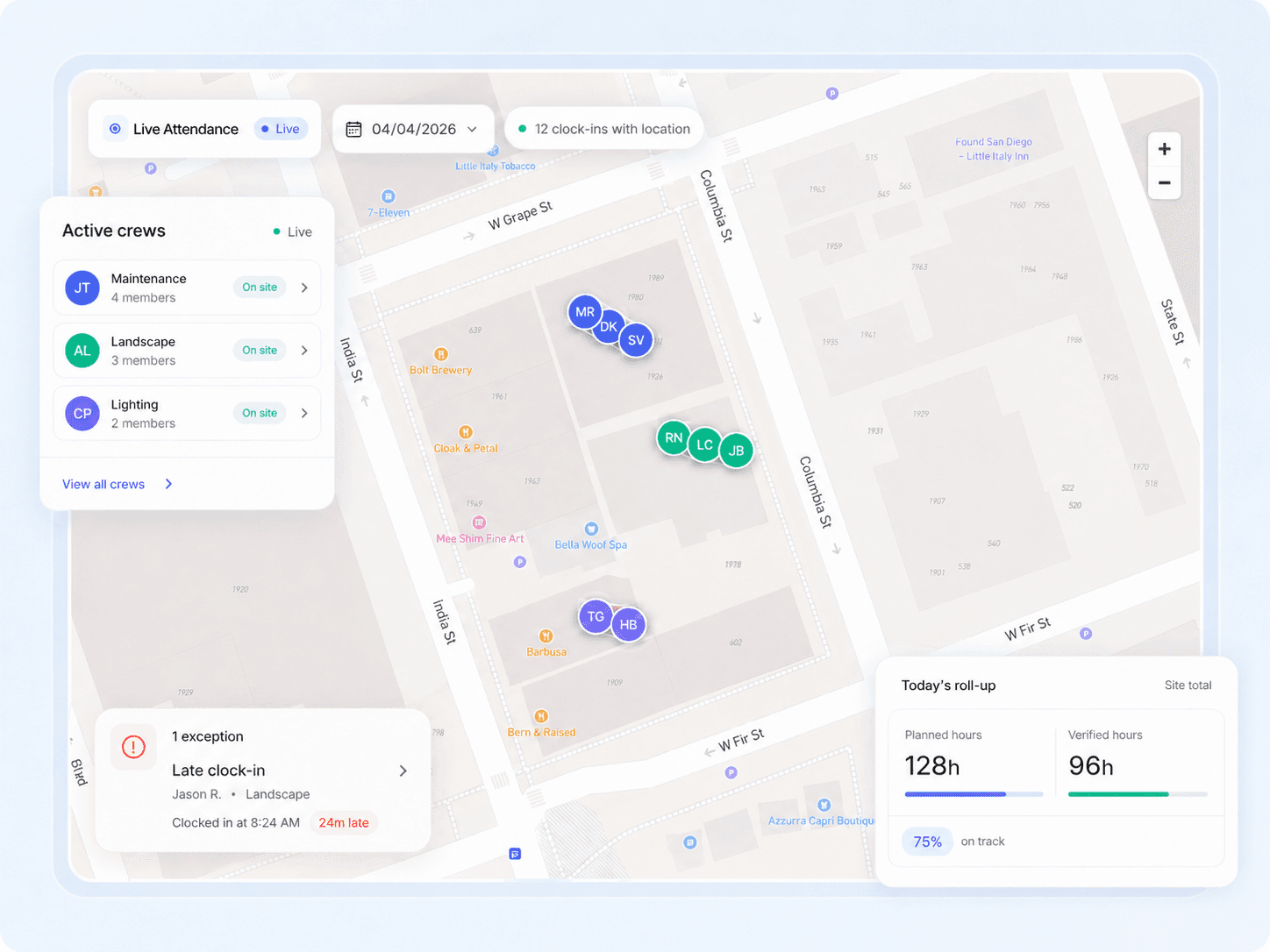 Crewtrace live attendance map with multiple active crews across job sites
