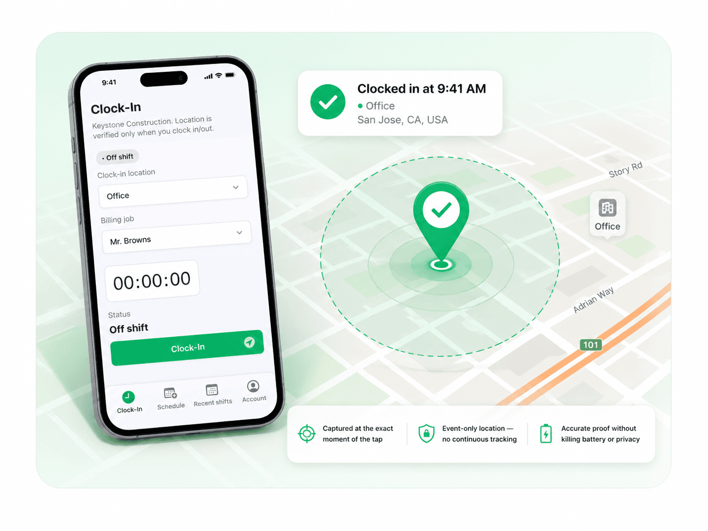Crewtrace mobile app showing a GPS-verified clock-in on a crew phone