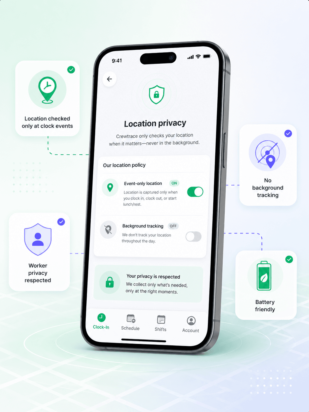 Crewtrace worker-facing privacy and GPS policy screen on the mobile app