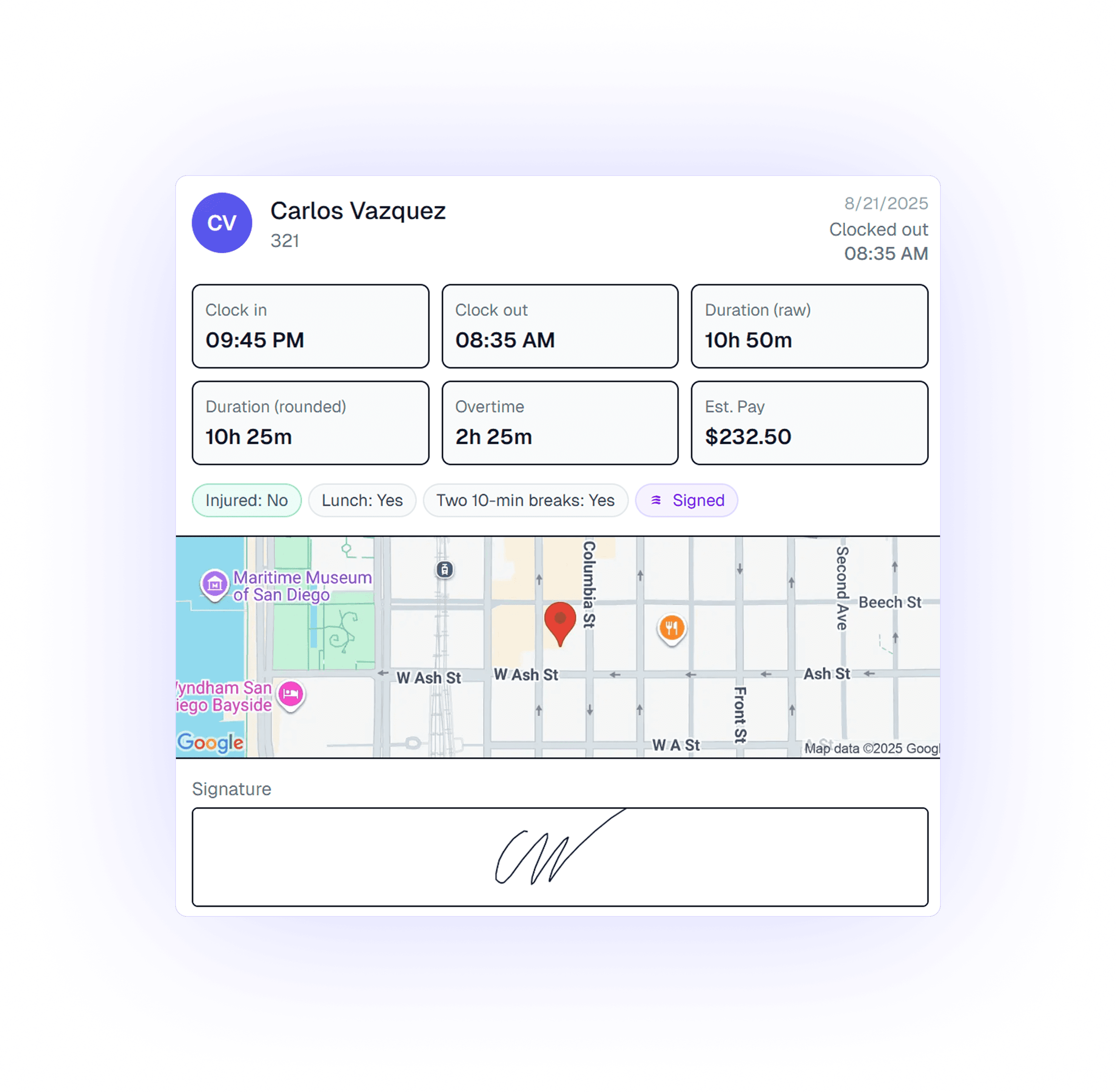 GPS geofence verification showing worker location on job site