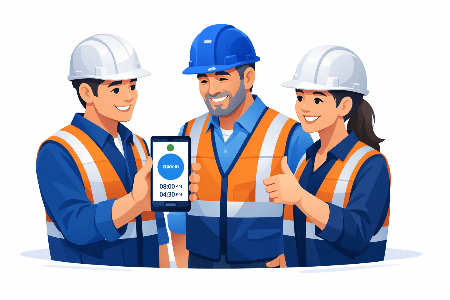 Illustration of construction workers collaborating and adopting a mobile time tracking app