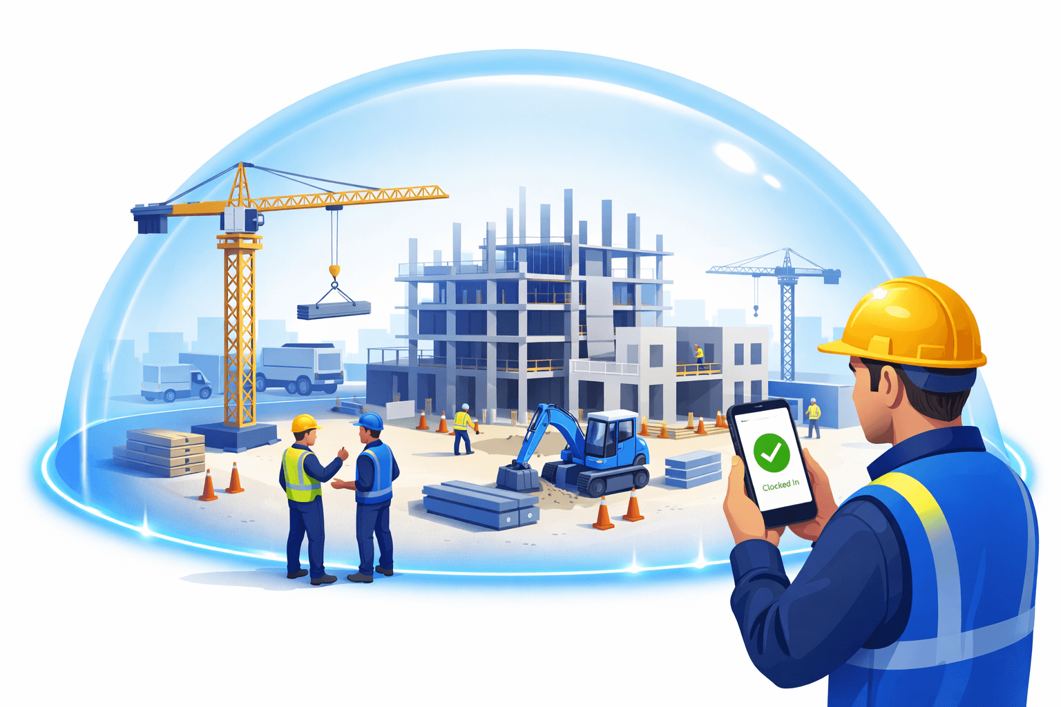 Illustration of a construction job site surrounded by a GPS geofence boundary with a worker clocking in via smartphone