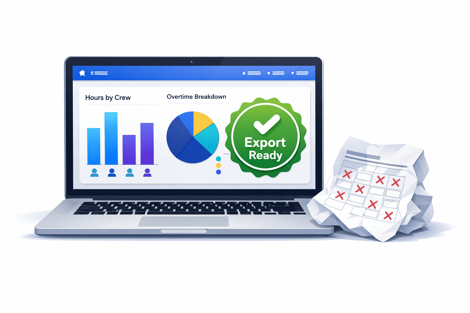 Illustration of a payroll dashboard showing clean data export from a digital time tracking system