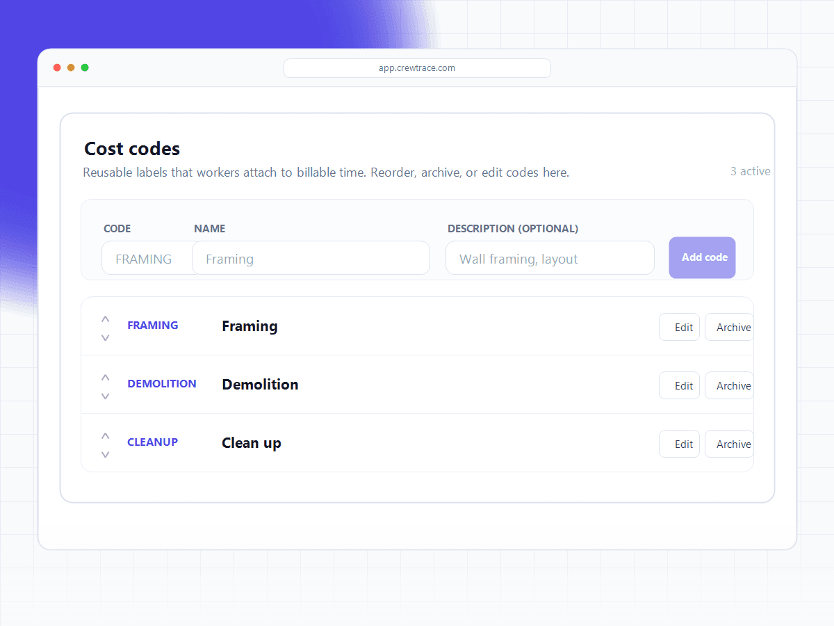 Crewtrace cost code setup screen with reusable framing, demolition, and cleanup work type codes