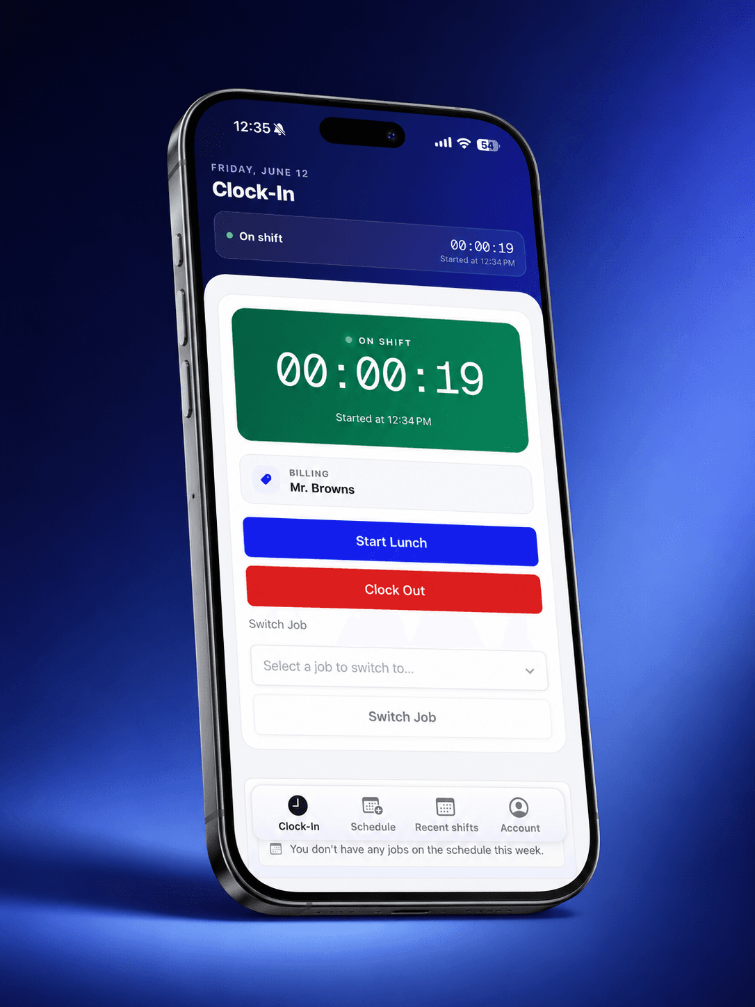 Crewtrace mobile app showing a simple Clock-In screen with Start Lunch and Clock Out buttons