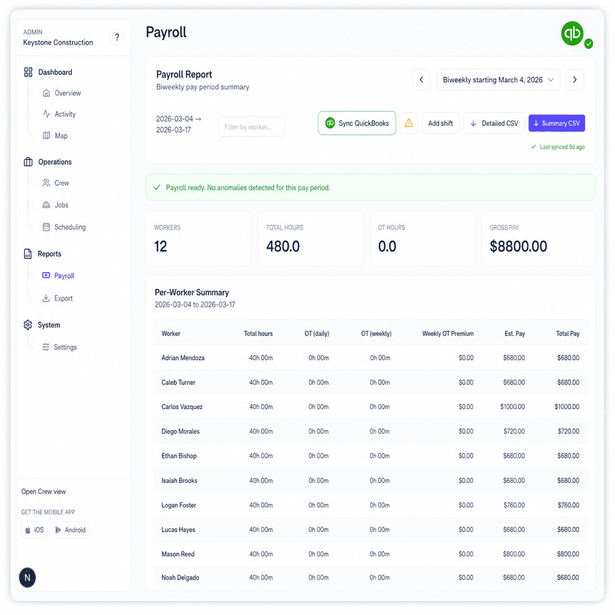 Crewtrace sync console showing approved hours being pushed to QuickBooks in a single click