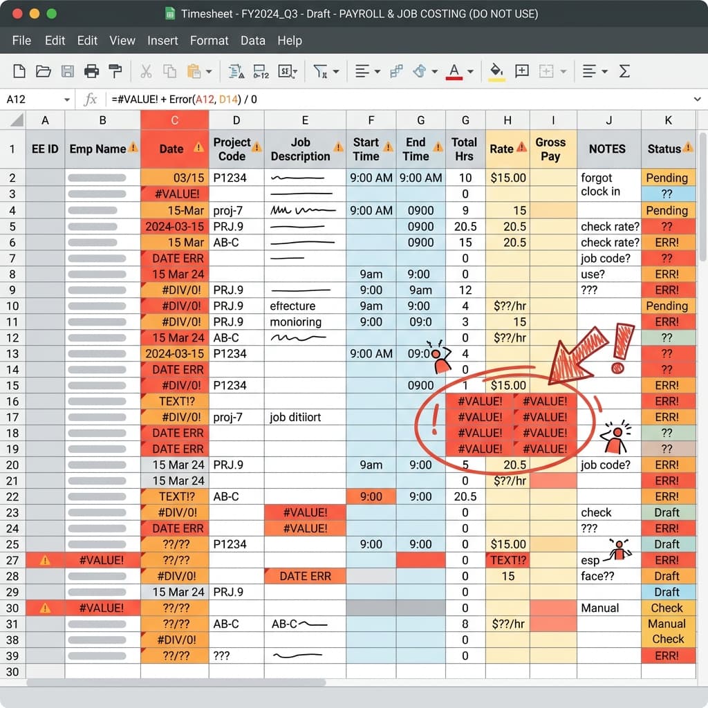A messy spreadsheet of approved hours being copy-pasted into QuickBooks