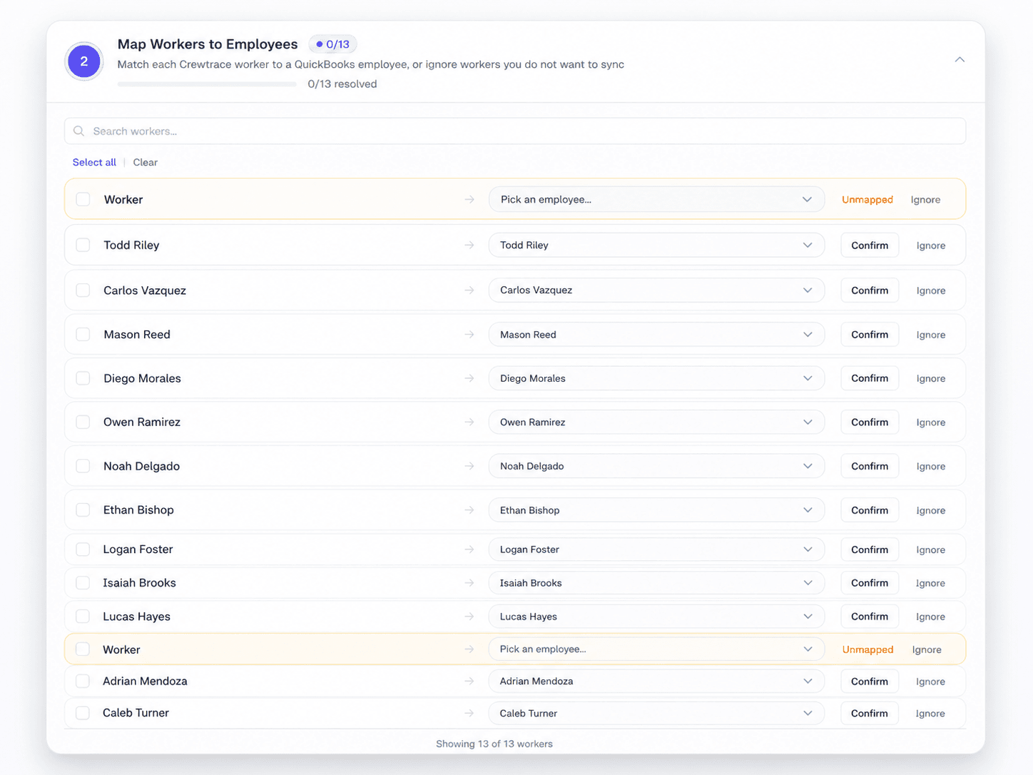 Crewtrace mapping screen connecting Crewtrace workers and jobs to QuickBooks records