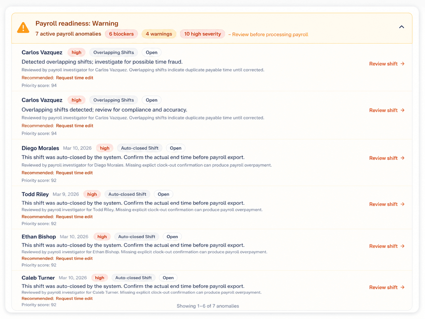 Pre-flight validation screen flagging unmapped employees and jobs before sync