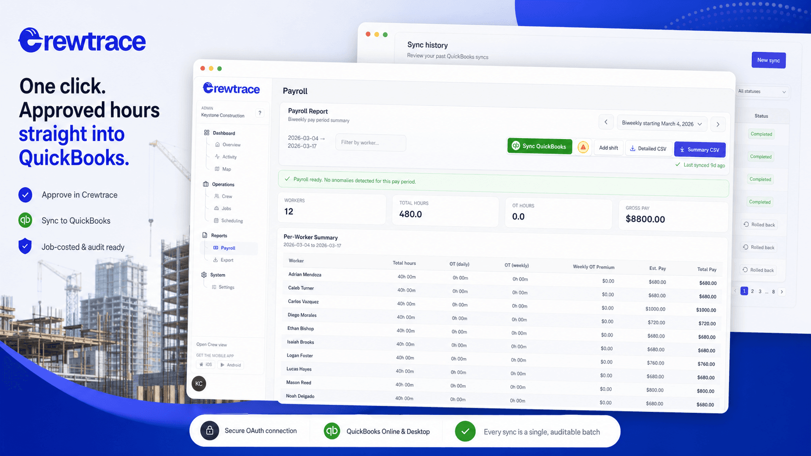Crewtrace sync console pushing a pay period of approved hours into QuickBooks with mapped employees, jobs, and pay items