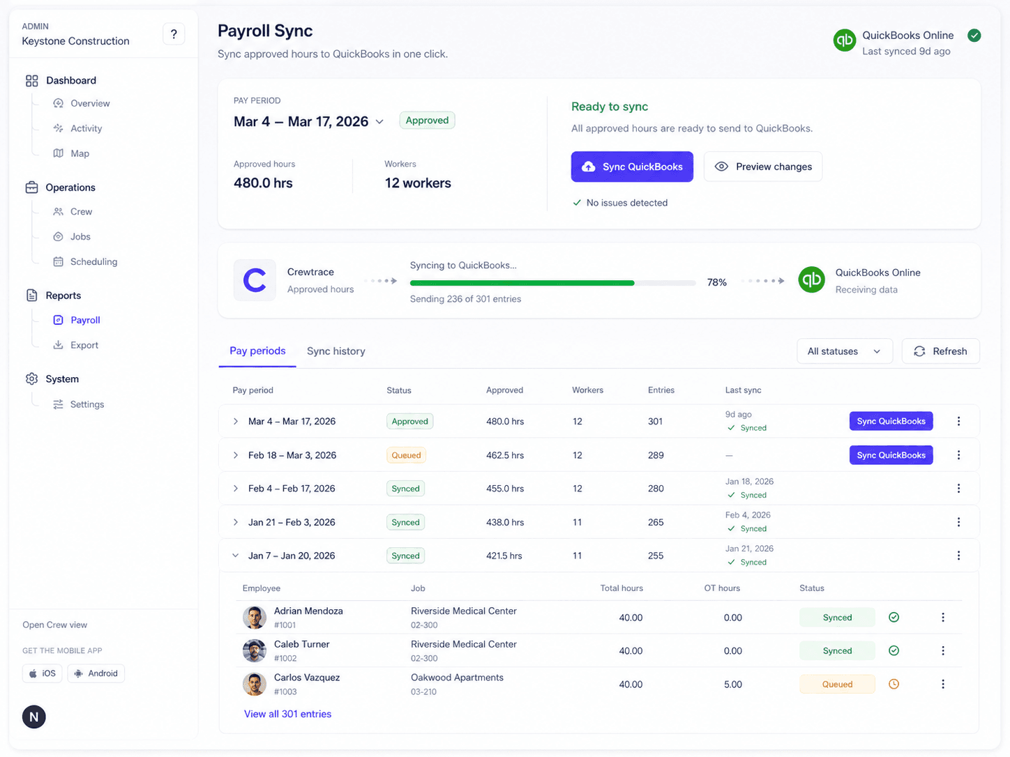 Crewtrace sync console pushing approved hours into QuickBooks Online
