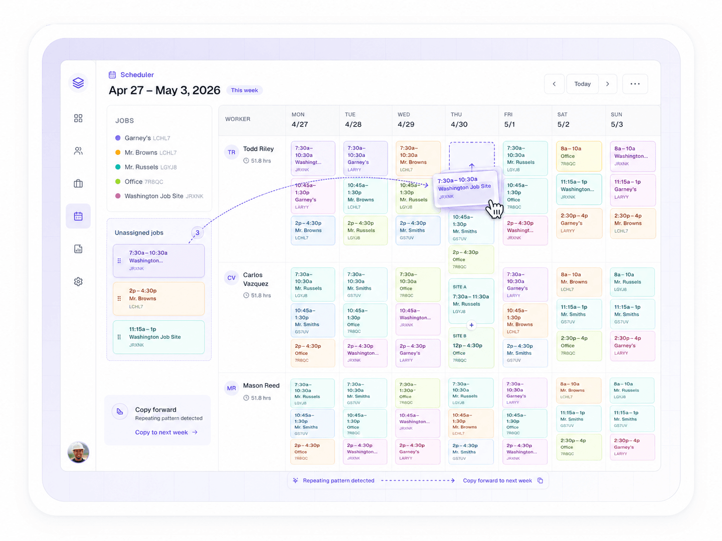 Crewtrace drag-and-drop weekly schedule grid