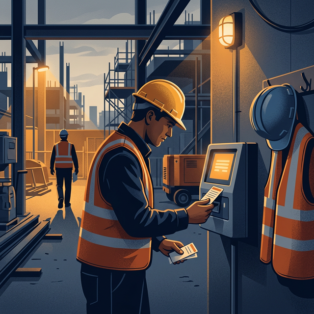 Buddy punching on a construction site — one worker swipes a time card while another is absent
