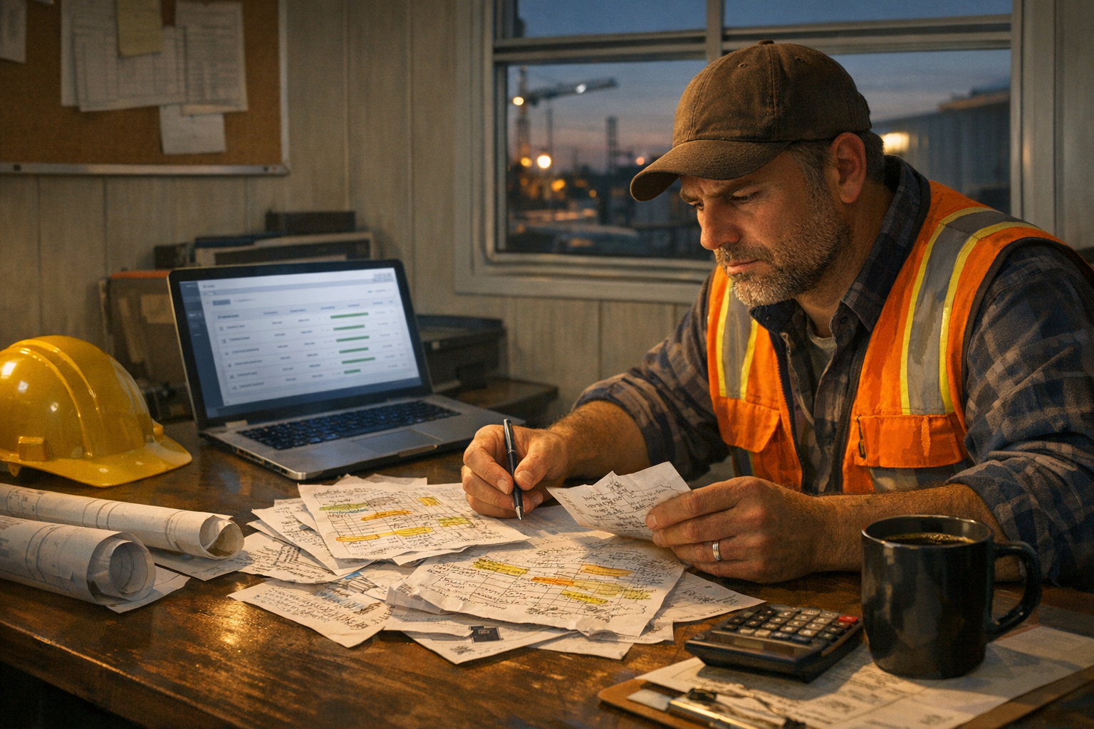 Editorial illustration showing messy paper time records flowing into a clean construction payroll dashboard