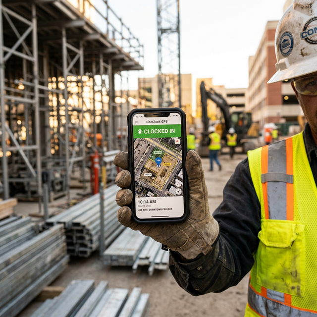 Construction worker clocking in with GPS time tracking app on smartphone at job site